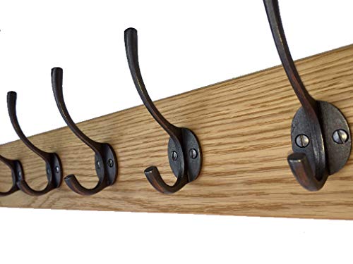 Element Wooden Designs Antique Coat Rack Industrial Cast Iron Hooks Solid Oak Wood Vintage Wall Mounted (60cm 6 Hooks)