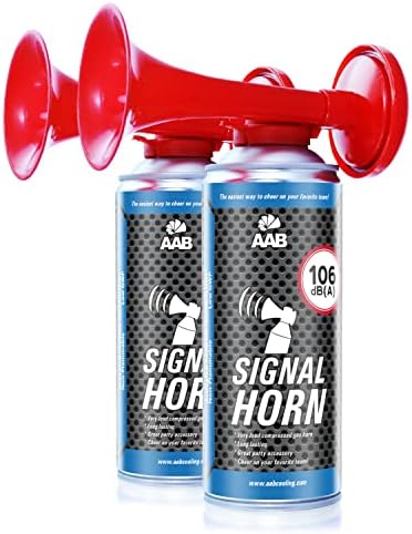 AAB Signal Horn - Set of 2 - Loud Party Horns, Gas Air Horn, Bull Horns, Long Lasting Hand Held Horn, Sport Accessory, Supporters Air Horn, Fan Noisemaker, Up to 120 Short Sound Signals