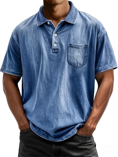 Mokaloha Shirts for Men, Men's Retro Casual Lapel Pocket Solid Color Short Sleeve Shirt Washed and Distressed Polo Shirt4