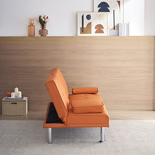 Eafurn Leather Futon Sofa Bed Convertible Folding Couch For Living Room Sectional Sleeper Sofa & Couches For Small Space With Cup Holder And Removable Armrest, Orange #TOP7