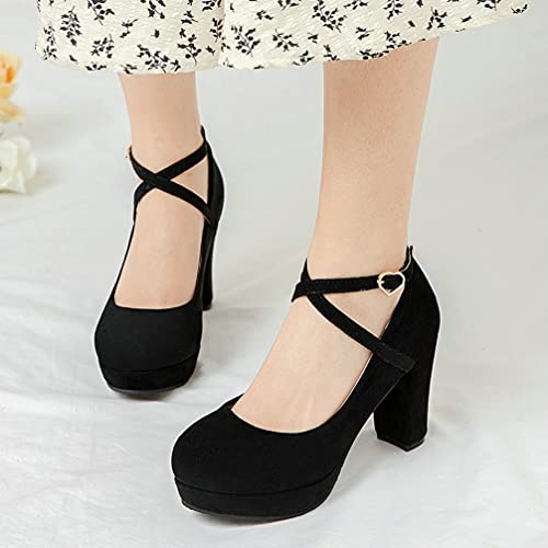 KOKOMOMO Womens Chunky High Heel Platform Round Toe Ankle Strap Pumps4