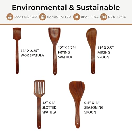 Image of Premium Wooden Cooking Spoon & Spatula | Natural Sheesham Wood (Indian Rosewood), Non-Stick Safe, Heat Resistant Kitchen Tools for Roti, Sabzi, Frying & Serving (Set of 5)