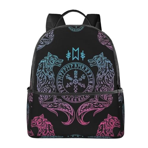 Extra Large Travel Backpack, Lightweight Daypack for Men and Women Purple Blue Vikings Fenrirs Vegvisir Design