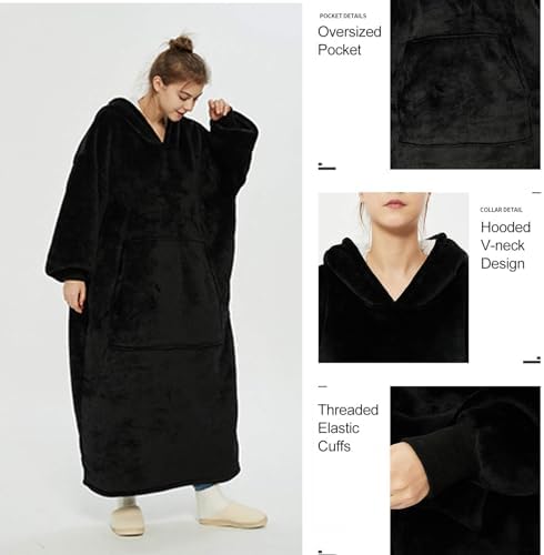 Hoodie Blanket, Long Wearable Blanket with Big Pockets Fluffy Flannel Sherpa TV Blanket Sweatshirt Winter Robe One Size Fits Men Women Adult(Black)