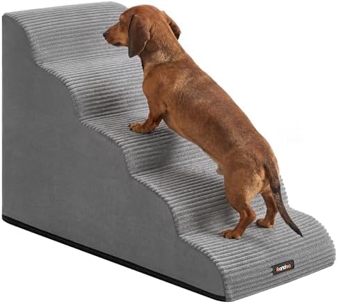 Feandrea Hundetreppe, 5 Stufen, für kleine Hunde, rutschfest | Haustiertreppe, wasserdichte Katzentreppe, abnehmbarer waschbarer Bezug, Taubengrau,, BADDI Kollektion PPS005GD01