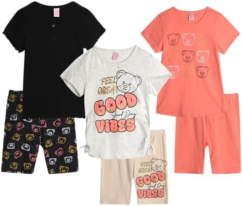 Real Love Girls&#39; Active Shorts Set - 6 Piece Fashion T-Shirts and Performance Bike Shorts - Summer Outfit for Girls (7-16)