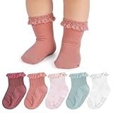 5 Paar Baby Baumwollsocken Rüschen Babysocken, Rutschfeste Griffe Socken Baby Rüschen Knöchelsocken, Baumwolle Komfortsocken Lolita Söckchen für 0–12 Monate Neugeborene Kleinkinder