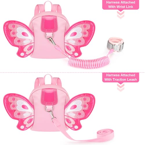Accmor Toddler Harness Backpack Leash, Cute Butterfly Kid Backpacks with Anti Lost Wrist Link, Mini Child Backpack Harness Leashes Walking Wristband Travel Bag Harness Rein for Baby Girls (Pink)
