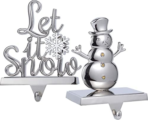Set of 2 Christmas Stocking Holders for Mantel,Snowman Stocking Hangers for Fireplace,Mantelpiece Holder Hanger for Stocking/Garland,Metal Stocking Hooks for Xmas Decoration (Let it Snow)