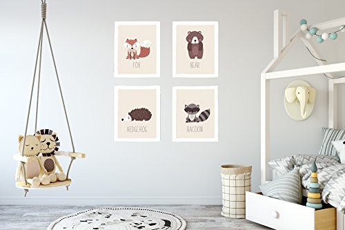 Woodland Animals Nursery Decor - Forest Animal Prints - Set Of Four 11X14" - Woodland Nursery Decor - (Fox, Bear, Hedgehog, Racoon) Educational Pictures For Bedrooms Playrooms Or Classrooms #TOP2