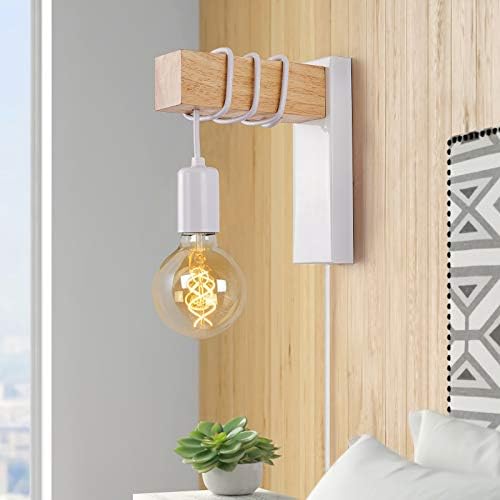 Plug in Wall Lights indoor Living room, Industrial Wall Lamps E27 Socket for Bedroom Bedside Reading Lighting Mounted Fixture Wood LED with On/Off Switch Decor Sconces with Switch Cord(Bulb Excluded)