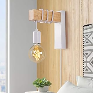 Plug in Wall Lights indoor Living room, Industrial Wall Lamps E27 Socket for Bedroom Bedside Reading Lighting Mounted Fixture Wood LED with On/Off Switch Decor Sconces with Switch Cord(Bulb Excluded)