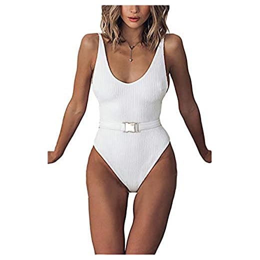 FEIYOUNG Sexy Womens Monokini Scoop Neck One Piece Backless Cheeky Swimwear Semi Thong Bikini with Belt White