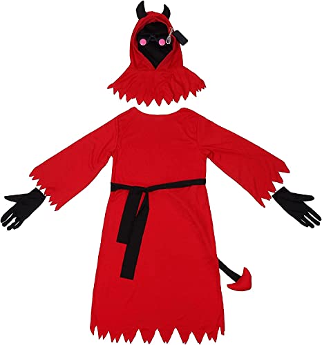 Halloween Scary Costume Grim Red Reaper Costume Demon Costume For Boys Kids Costume, With Glowing Red Eyes And Devil's Fork (M) #TOP3