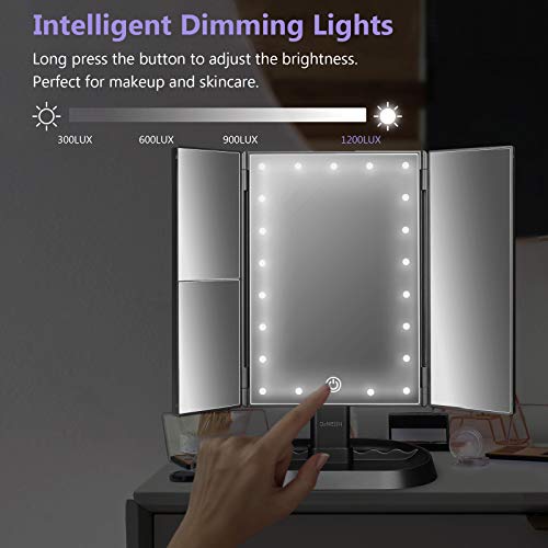 Deweisn Trifold Lighted Vanity Makeup Mirror With 21 Leds Lights,1X/2X/3X Magnification And Touch Screen Dimming,Two Power Supplies Makeup Mirror, Gift For Women #TOP4