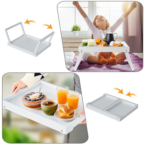 Betttablett Tisch mit klappbaren Beinen, Bambus Frühstück im Bett Essen, Servieren oder Verwendung als Serviertablett, Laptop-Schreibtisch, Snack-Tablett (Weiß)
