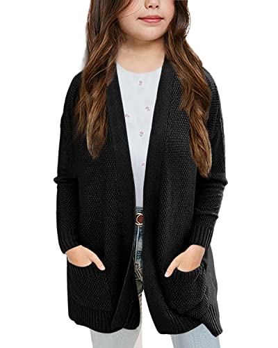 Goranbon Girls' Cardigan Sweaters Open Front Long Sleeve Casual Sweater Coats With Pockets Black #TOP13