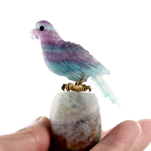 SMQ Fluorite Parrot Bird Statues Home Decor Hand Carved Healing Crystal Bird Sculpture Animal Carvings Collectibles for Living Room Garden Birdhouse Gift Crafts