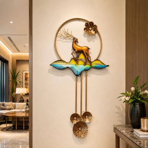 Image of SHREE 'O' GREEN TECH - Metal Large Deer Wall Art Decorative Hanging Sculpture with Golden Floral Details Multicolor Design for Home Living Room Bedroom Office (Size 22x42 Inch)