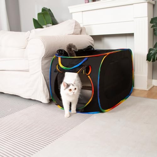 LUCKITTY Portable Cat Litter Box Enclosure, Pop Up Hidden Litter Box Furniture with Big Pocket for Living Room, Bedroom, Made by Waterproof Oxford & Breathable Mesh, Black-Rainbow, 32\" L×19\" W×19\" H - Thumbnail 7