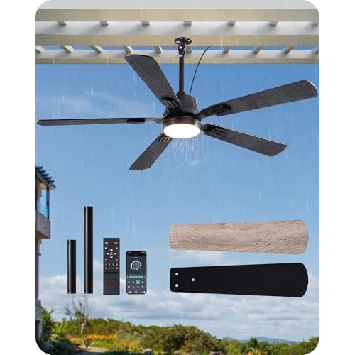 EDISHINE 52" Outdoor Ceiling Fan with Light, IP66 Waterproof Gazebo Hanging Fan, 5200 CFM, 3CCT, APP/Remote Control, 5 Wood Blade, 6-Speed Winds, Plug in Ceiling Fans for Patios Porch Pergol