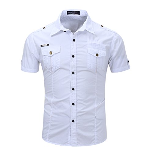 Stile scollo: Con bottoni Iris Sprite Camicia da Uomo in Cotone a Maniche Corte con Camici Stile Militare (Bianca, S)