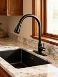 Klabb Single Handle High Arc Pull Out Kitchen Faucet, Matte Black Single Handle Brass Pull-Out Faucet with Pull Down Sprayer & Deck Plate, Durable & Easy to Install for Kitchen Sink,Laundry Rv Bar