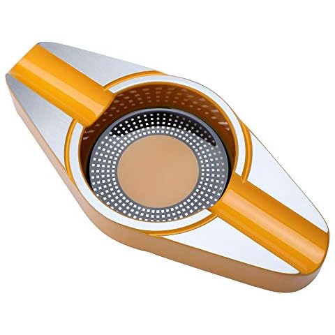 VEXO Cigar Ashtray Metal Ash Tray with Double 2 Cigar Holders and Large Basin for Outdoor Patio Indoor Home and Office Use, Cool Cigar Gift Idea (Yellow) Cover
