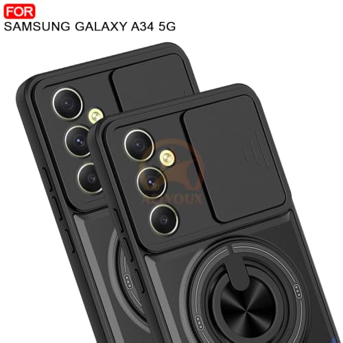 Image of Samsung A34 5G Back Cover | Armor Camera Slider 360 Degree Rotating Finger Ring Holder Case with Bracket Stand Back Case Cover (Compatible with MagSafe Accessories) (Black)
