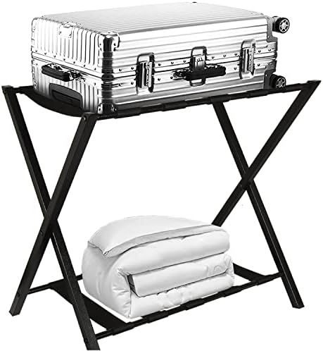 Folding Luggage Rack Suitcase Stand with Storage Shelf for Guest Room Bedroom Hotel, Black (1)
