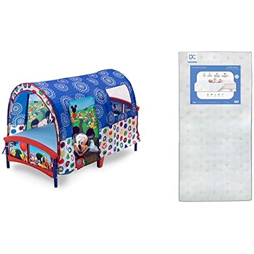 Delta Children Toddler Tent Bed, Disney Mickey Mouse Twinkle Galaxy Dual Sided Recycled Fiber Core Toddler Mattress (Bundle)