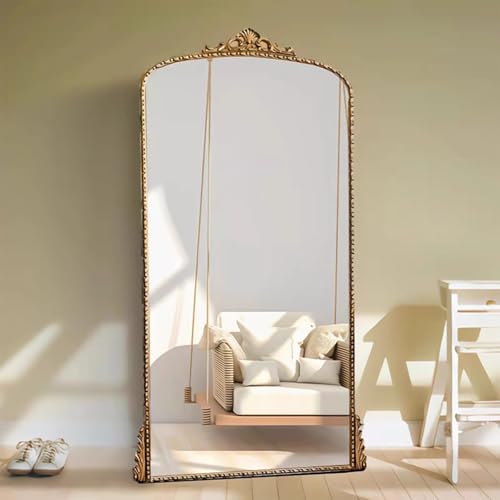 Traditional Ornate Floor Mirror,Arched Full Length Mirror,with Carved Metal Frame & Bottom Art Carved,for Fireplace Entryway Bedroom Living Room Hallway Bathroom gold-100 * 180CM