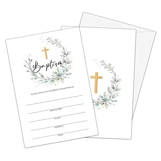 Boho Greenery Baptism Invitations with Envelopes - Watercolor Floral Religious Christening Ceremony Celebration Invites – Confirmation – First Communion - 25 Invitation Cards With 25 Envelopes (002A)