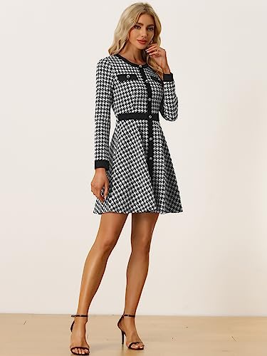 Allegra K Women's Houndstooth Plaid Contrast Color Crew Neck Button Front Elegant A-Line Dress2