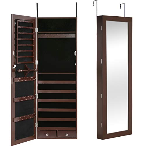 Fdw Jewelry Cabinet 47.3" H Wall/Door Mounted Lockable Jewelry Armoire With 2 Drawers 6 Shelves 43.3"×10.6" Mirror High Capacity Jewelry Organizer, Brown #TOP5