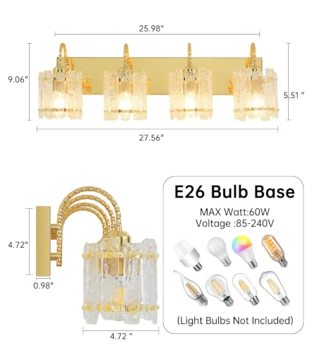 Image of 4 Light Bathroom Vanity Light, Gold Vanity Light with Glass Shade