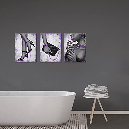 Kalormore Purple Fashion Picture For Girl Bedroom Glam Elegant African American Black Woman With Jewelry Perfume High Heel Shoes Handbag Painting Giclee Canvas Prints Wall Decor Gallery Wrapped Artwork Gift Makeup Room Beauty Salon Wall Decoration (12X16X3) #TOP1
