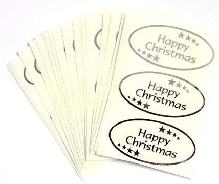 Pack of 24 Happy Christmas Stickers, Bright Shiny Silver on Clear Transparent - Labels for Cards, Festive Craft and Decoration