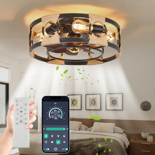 WINJECEI Caged Ceiling Fan with Lights Remote Control, 18" Small Flush Mount Ceiling Fan with Reversible Motor, 6 Speeds Rustic Low Profile Ceiling Fans for Bedroom Kitchen Farmhouse