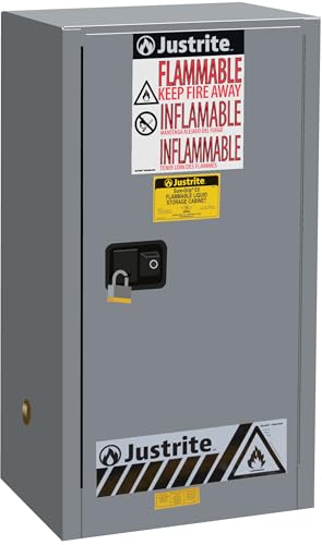 Justrite 15 Gallon Self Close Countertop Flammable Storage Cabinet, 18 Gauge Steel, 1 Shelf, 1 Door Fire Cabinet, 44" x 23" x 18", Made in The USA, Gray, 891523