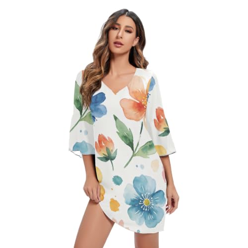Robe en mousseline de soie col en V pour femme à motif floral aquarelle