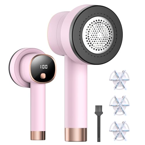 Quitapelusas Electrico con Pantalla LCD para Ropa y Hogar - Aparato Cortabolitas con 3 Velocidades, Cuchilla de 6 Puntas, Doble Protección, Recargable USB (Rosa)