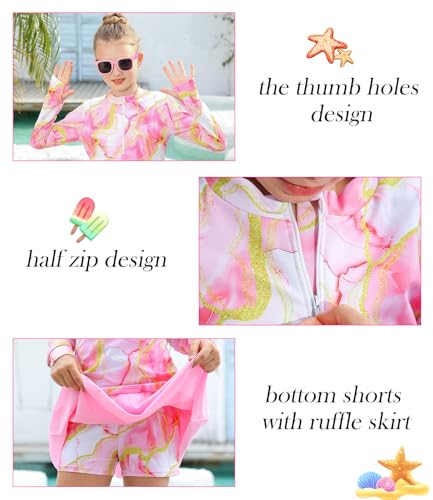 Vogseek 7T 8T Girls Rash Guard Swimwear Tie Dye Long Sleeve Bathing Suits for Kids Girl Adorable Ruffle Size 7-8 Stretchy Swimwear Zip Up Shirt Swimming Wear with Short Pink - Thumbnail 3