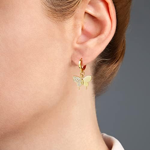 MESOVOR Butterfly Hoop Earrings for Women, 16K Gold Plated Small Pendant Drop Earrings | Sparkling Zircon Huggies Earrings