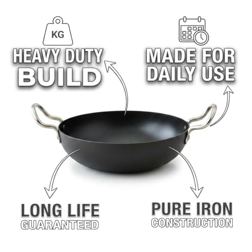 Image of LAZYwindow Pre-Seasoned Traditional Iron Kadhai | Restaurant-Quality Deep Bottom Kadai | 19cm Professional Frying Pan | Authentic Indian Cooking