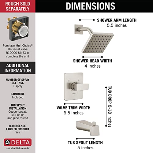 Image of Delta Faucet Modern Brushed Nickel Tub and Shower Trim Kit, Shower Faucet with Single-Spray Touch-Clean Shower Head, Stainless T14467-SS-PP (Valve Not Included)