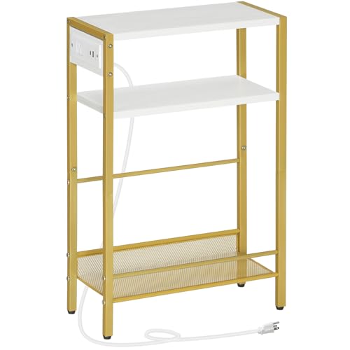 Image of HOOBRO Small Narrow Side Table with Charging Station, Skinny End Table for Small Spaces, Slim Nightstand with USB Ports Outlet, Sofa Beside Table with Storage Shelf, White and Gold DW102UBZ01