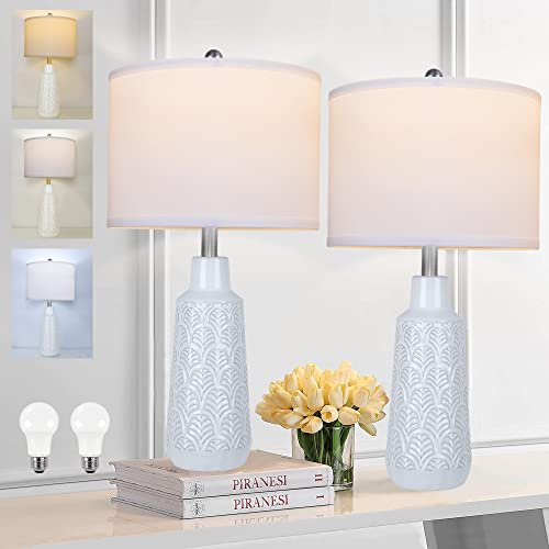 Partphoner Set Of 2 Table Lamps With 3 Color Temperature, 25.5" Tall Farmhouse Ceramic Lamp With Vase Design Nightstand Lamp White Fabric Shade For Living Room Bedroom Home Office #TOP15