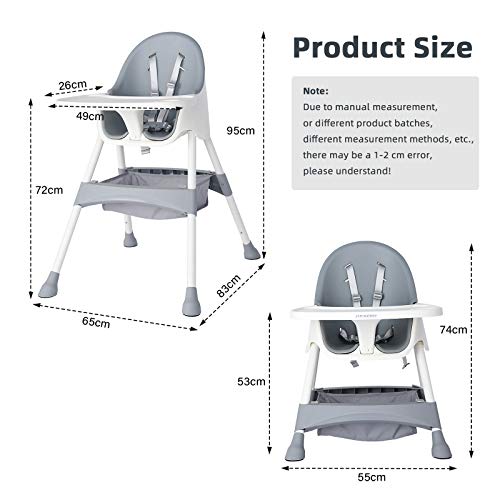 Kesaih High Chair, Height Adjustable High Chairs For Babies And Toddler With Easy-Clean Pu Cushion, Removable Tray, Adjustable Feet, 5 Point Safety Harness, Modern Toddler High Chair （Grey）1 #TOP5