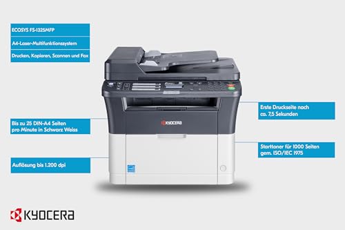 Kyocera Ecosys FS-1325MFP Laserdrucker Multifunktionsgerät 4-in-1 Schwarz Weiss: Multifunktionsdrucker mit Duplex, Drucker Scanner Kopierer, Faxgerät